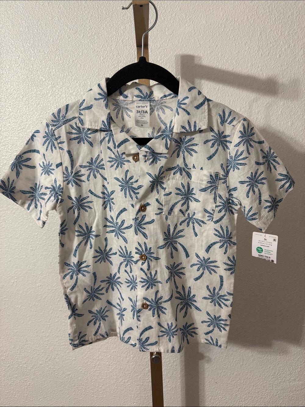 Carter's White Short-Sleeve Button-Down with Blue Palm Print-3T